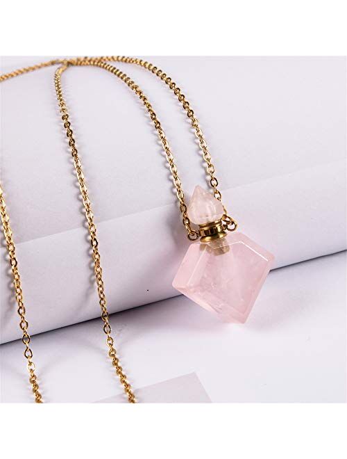 YGLINE Rose Quartz Healing Crystal Necklace Natural Gemstones Perfume Bottle Pendant Necklace for Womens Girls Ladies