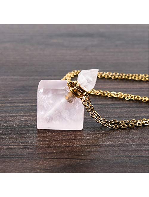 YGLINE Rose Quartz Healing Crystal Necklace Natural Gemstones Perfume Bottle Pendant Necklace for Womens Girls Ladies