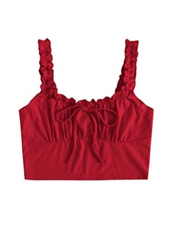 Women's Frill Trim Strap Tie Knot Ruched Front Bustier Crop Top