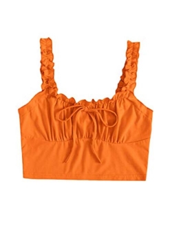 Women's Frill Trim Strap Tie Knot Ruched Front Bustier Crop Top