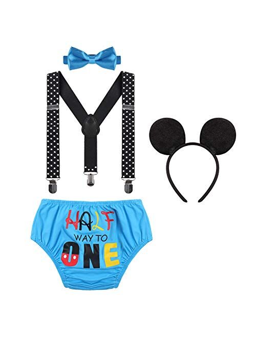 Baby Boy 1st/2nd Birthday Cake Smash Outfit Bloomers Diaper Cover Y Back Suspenders Bowtie Mouse Ears Headband Photo Costume