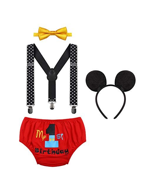 Baby Boy 1st/2nd Birthday Cake Smash Outfit Bloomers Diaper Cover Y Back Suspenders Bowtie Mouse Ears Headband Photo Costume