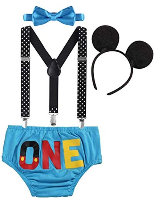 Baby Boy 1st/2nd Birthday Cake Smash Outfit Bloomers Diaper Cover Y Back Suspenders Bowtie Mouse Ears Headband Photo Costume