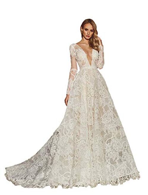 Fenghuavip Luxury Lace Cathedral Wedding Dress Long Train Bridal Wedding Gowns Backless