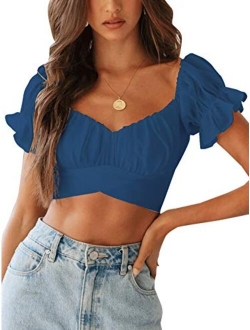 LYANER Women's Ruffle Short Sleeve Tie Up Back Crop Top Off Shoulder Bardot Blouse