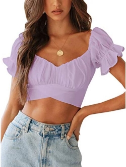 LYANER Women's Ruffle Short Sleeve Tie Up Back Crop Top Off Shoulder Bardot Blouse