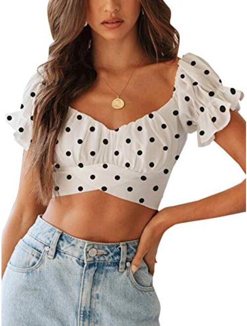 LYANER Women's Ruffle Short Sleeve Tie Up Back Crop Top Off Shoulder Bardot Blouse