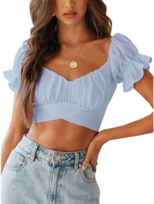 LYANER Women's Ruffle Short Sleeve Tie Up Back Crop Top Off Shoulder Bardot Blouse