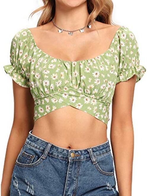 LYANER Women's Ruffle Short Sleeve Tie Up Back Crop Top Off Shoulder Bardot Blouse