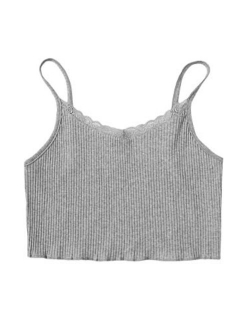 Women's Contrast Lace Spaghetti Strap Ribbed Knit Crop Cami Top