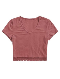 Women's Sexy V Neck Lace Hem Ribbed Knit Tee Shirt Crop Top