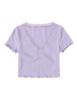 Women's Sexy V Neck Lace Hem Ribbed Knit Tee Shirt Crop Top