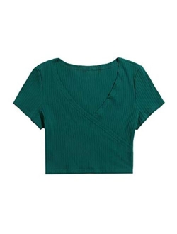 Women's Sexy V Neck Lace Hem Ribbed Knit Tee Shirt Crop Top