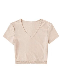 Women's Sexy V Neck Lace Hem Ribbed Knit Tee Shirt Crop Top