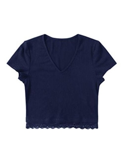 Women's Sexy V Neck Lace Hem Ribbed Knit Tee Shirt Crop Top