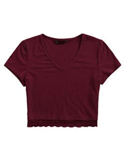 Women's Sexy V Neck Lace Hem Ribbed Knit Tee Shirt Crop Top