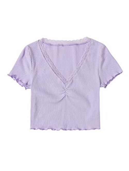 SweatyRocks Women's Sexy V Neck Lace Hem Ribbed Knit Tee Shirt Crop Top