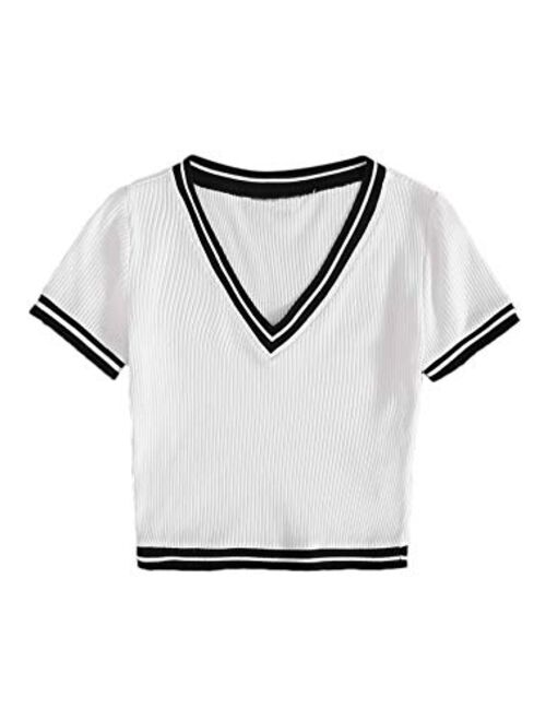 SweatyRocks Women's Sexy V Neck Lace Hem Ribbed Knit Tee Shirt Crop Top