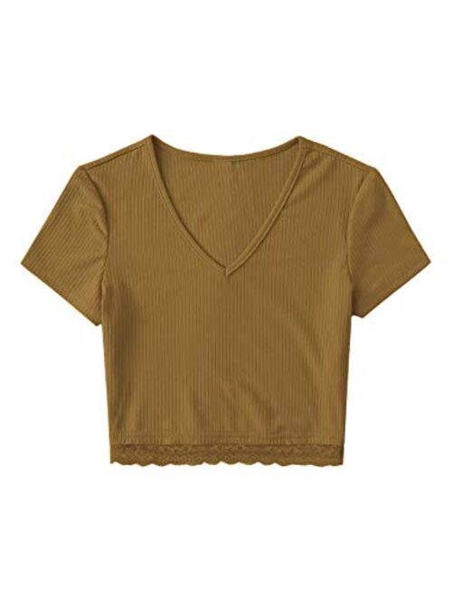 SweatyRocks Women's Sexy V Neck Lace Hem Ribbed Knit Tee Shirt Crop Top