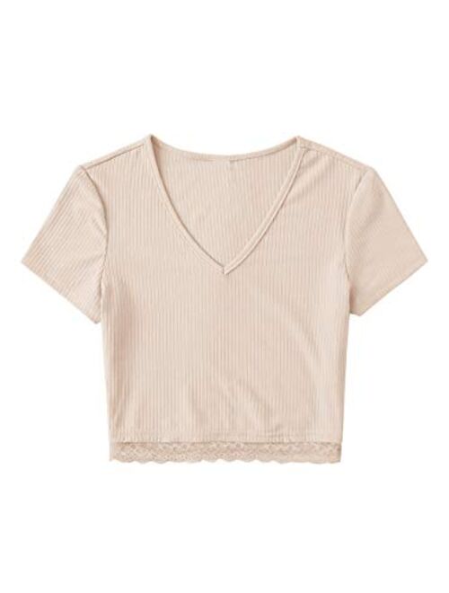 SweatyRocks Women's Sexy V Neck Lace Hem Ribbed Knit Tee Shirt Crop Top