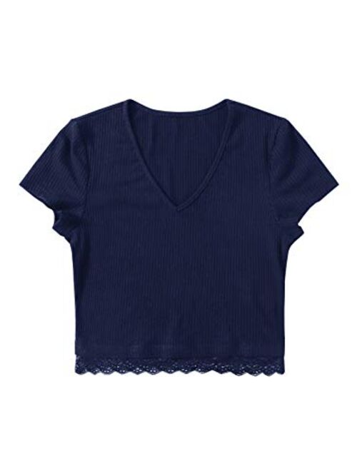 SweatyRocks Women's Sexy V Neck Lace Hem Ribbed Knit Tee Shirt Crop Top