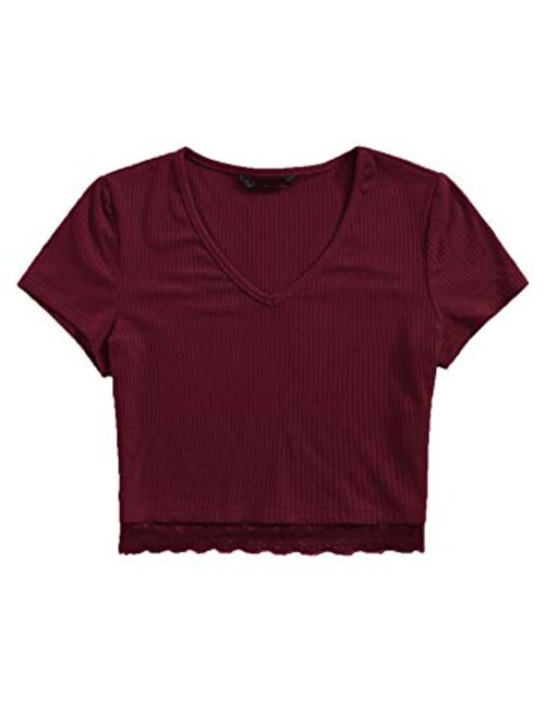 SweatyRocks Women's Sexy V Neck Lace Hem Ribbed Knit Tee Shirt Crop Top