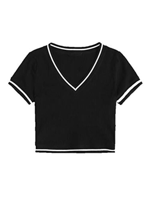 SweatyRocks Women's Sexy V Neck Lace Hem Ribbed Knit Tee Shirt Crop Top