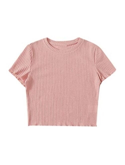 Women's Solid Crew Neck Ribbed Knit Short Sleeve Crop Top T Shirts