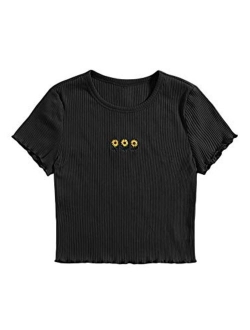 Women's Solid Crew Neck Ribbed Knit Short Sleeve Crop Top T Shirts