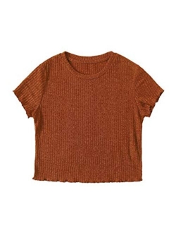 Women's Solid Crew Neck Ribbed Knit Short Sleeve Crop Top T Shirts