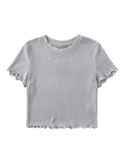 Women's Solid Crew Neck Ribbed Knit Short Sleeve Crop Top T Shirts