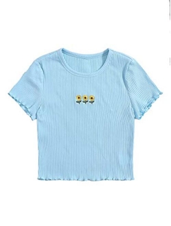 Women's Solid Crew Neck Ribbed Knit Short Sleeve Crop Top T Shirts