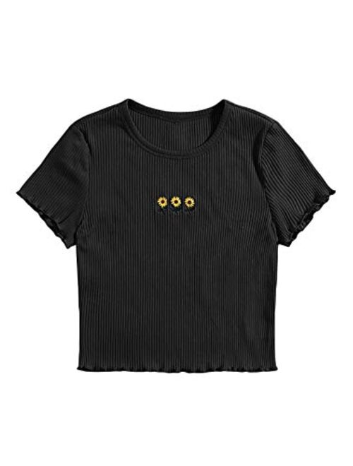 SweatyRocks Women's Solid Crew Neck Ribbed Knit Short Sleeve Crop Top T Shirts