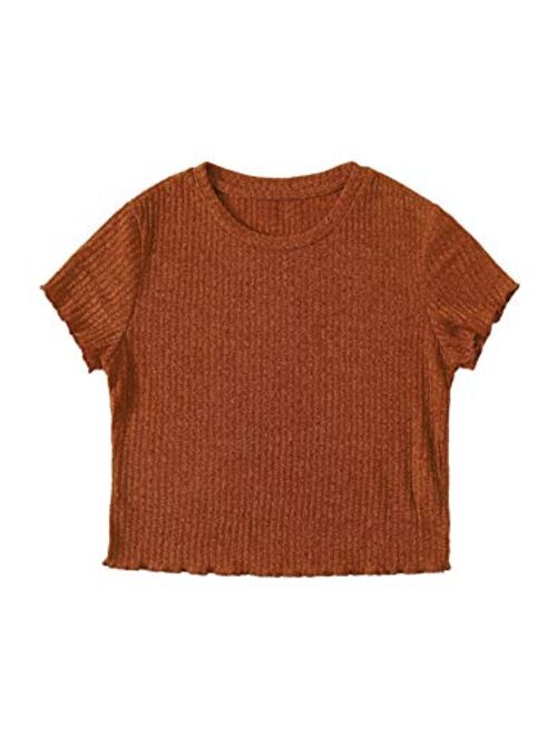 SweatyRocks Women's Solid Crew Neck Ribbed Knit Short Sleeve Crop Top T Shirts