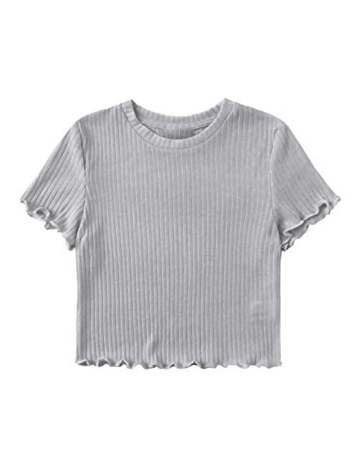 SweatyRocks Women's Solid Crew Neck Ribbed Knit Short Sleeve Crop Top T Shirts