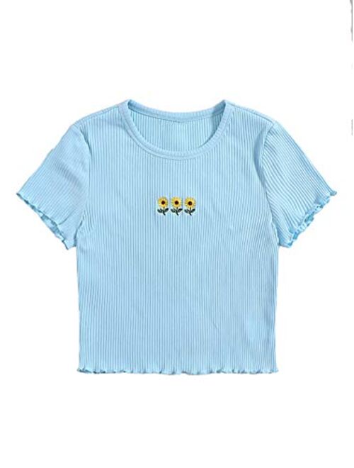 SweatyRocks Women's Solid Crew Neck Ribbed Knit Short Sleeve Crop Top T Shirts