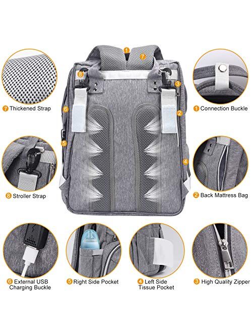 Waterproof Crib Diaper Bag Backpack,Waterproof Travel Bassinet Foldable Baby Bed with Changing Station for Travel Bed Diaper Pad Stroller Organizer (Black+Grey)