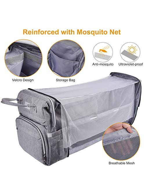 Waterproof Crib Diaper Bag Backpack,Waterproof Travel Bassinet Foldable Baby Bed with Changing Station for Travel Bed Diaper Pad Stroller Organizer (Black+Grey)