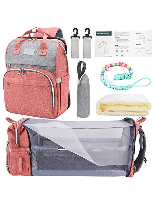 Waterproof Crib Diaper Bag Backpack,Waterproof Travel Bassinet Foldable Baby Bed with Changing Station for Travel Bed Diaper Pad Stroller Organizer (Black+Grey)