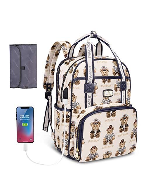 Diaper Bag Backpack,Pipi bear Travel Diaper Backpack with USB Charging Port and Changing Pad, Stylish Large Capacity Mummy Maternity Nappy Bag ( Cream )