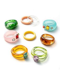 PANTIDE 9Pcs Retro Resin Acrylic Diamond Ring- Vintage Wood Plastic Resin Ring Colorful Index Finger Ring Jewelry Valentine's Day Gift, Fashion Unique Square Gem Ring Fig