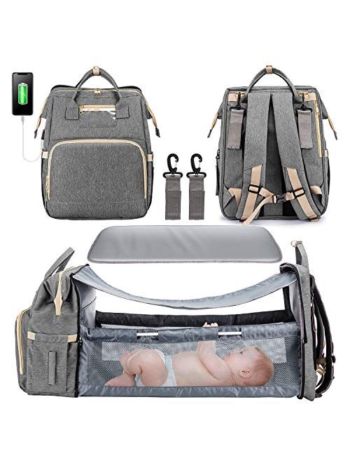 3 in 1 Diaper Bag Backpack with Changing Station, Waterproof Baby Bag with Auto Foldable Crib, Travel Bassinet with USB Charging Port and Shade Cloth (Grey)