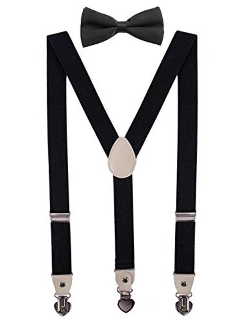 PZLE Mens Boys Suspenders and Bow Tie Set for Wedding Adjustable