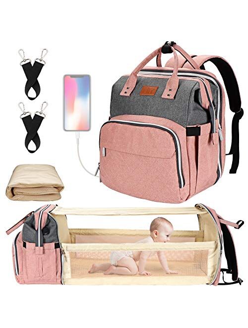 Diaper Bag with Changing Station, Baby Diaper Bag, Diaper Bag Backpack, Baby Bag with Built-in USB Charging Port and Stroller Straps Large Capacity Waterproof (Grey)