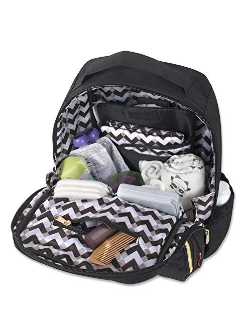 Fisher Price Diaper Bag Backpack - Signature Collection, with Cell Phone and Tablet Pockets and Stroller Clips (Black)