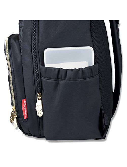 Fisher Price Diaper Bag Backpack - Signature Collection, with Cell Phone and Tablet Pockets and Stroller Clips (Black)