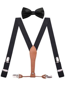 WDSKY Mens Boys Suspenders and Bow Tie Elastic with Leather Y-Back