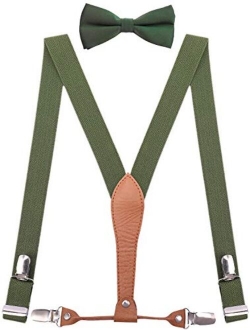 WDSKY Mens Boys Suspenders and Bow Tie Elastic with Leather Y-Back