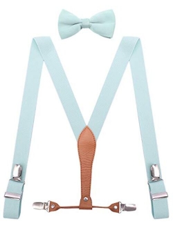 WDSKY Mens Boys Suspenders and Bow Tie Elastic with Leather Y-Back