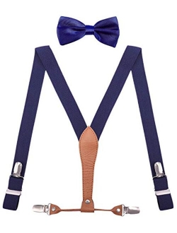 WDSKY Mens Boys Suspenders and Bow Tie Elastic with Leather Y-Back